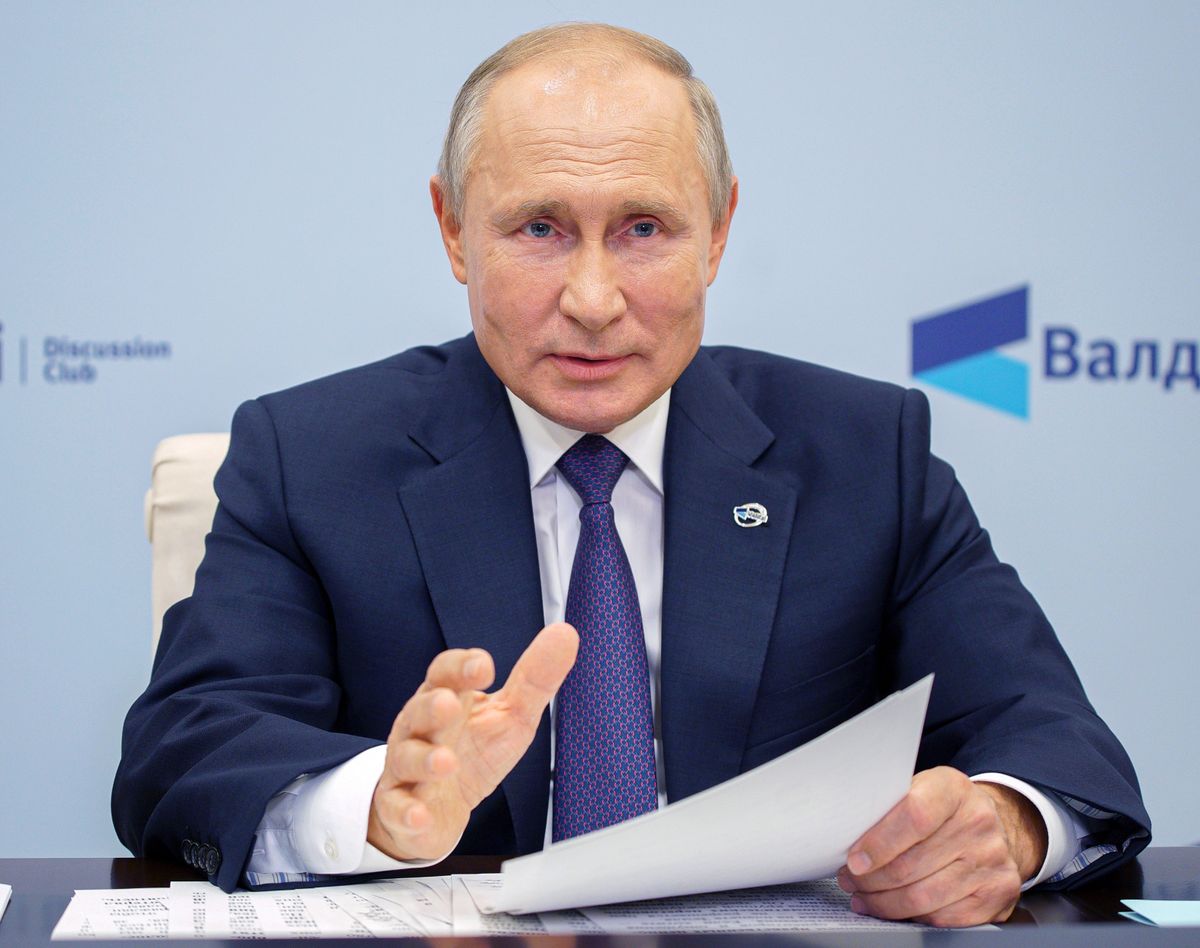 Russian President Vladimir Putin speaks as he participates in the annual meeting of the Valdai Discussion Club via video conference at the Novo-Ogaryovo residence outside Moscow, Russia, Thursday, Oct. 22, 2020.  (Alexei Druzhinin)