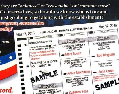 Endorsement flier sent out by NOT-Kootenai County Republican Central Committee (KCRCC) group recently.