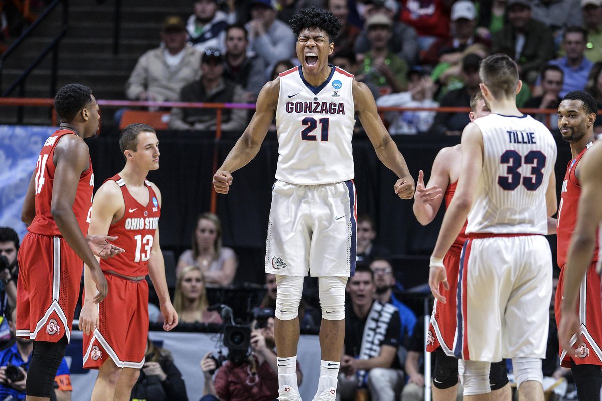 Gonzaga forward Rui Hachimura roars after scoring and fouled against Ohio State, Saturday, March, 17, 2018, at Taco Bell Arena in Boise, Id. (Dan Pelle / The Spokesman-Review)