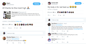 Left: former Washington State cornerback Marcellus Pippins ribs current wide receiver Easop Winston about Fortnite. Right: Cougars head strength and conditioning coach Tyson Brown replies to a tweet from Hunter Dale, telling the WSU nickel #NoLateNightFortnite. (Twitter )