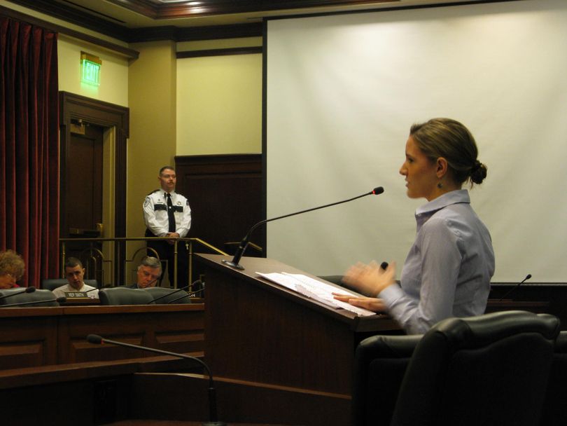 Cassie Sullivan, BSU student body vice president, testifies against the guns-on-campus bill on Friday (Betsy Russell)