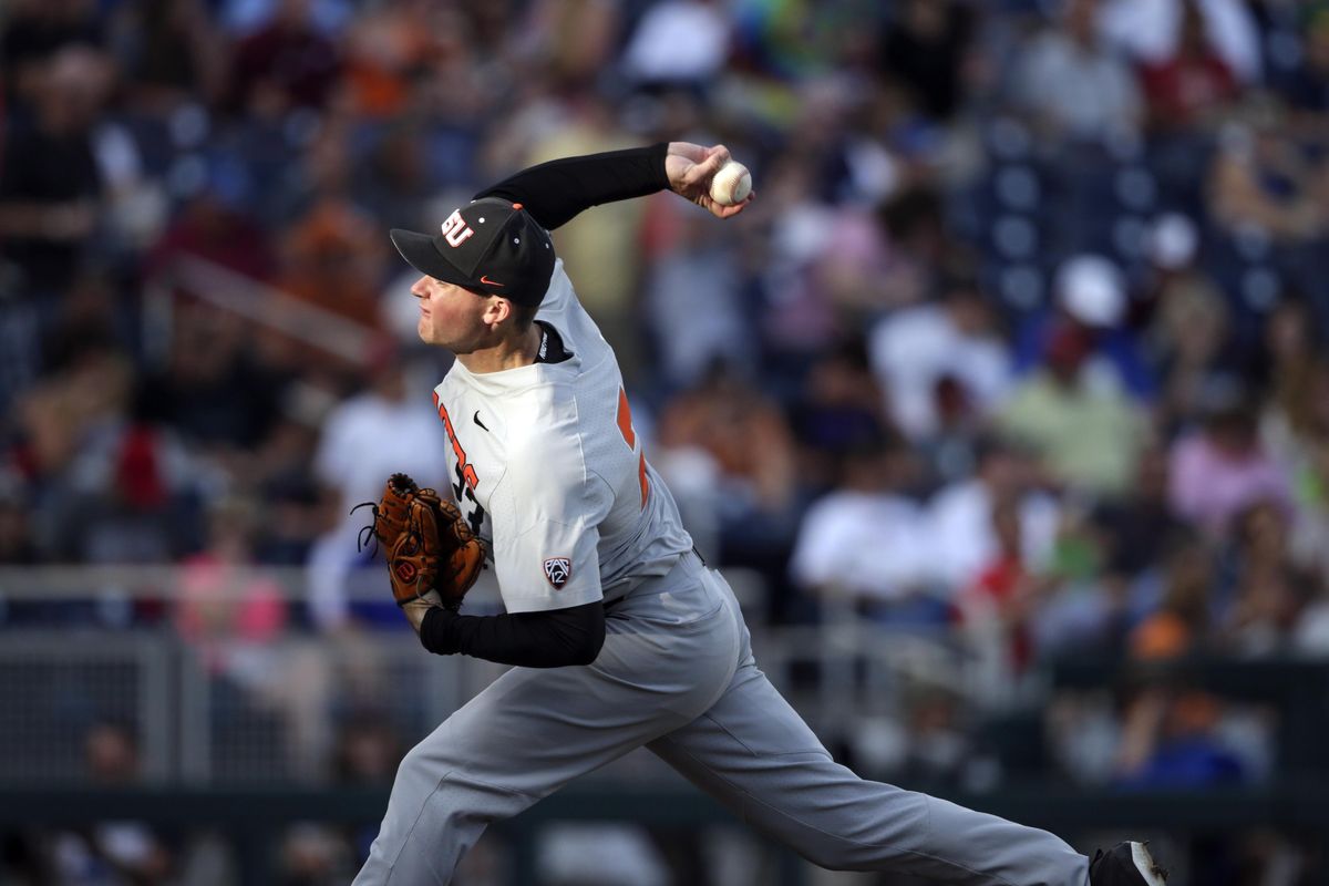 Oregon State pitcher Kevin Abel works against Mississippi State in the first inning of an NCAA College World Series baseball elimination game in Omaha, Neb., Saturday, June 23, 2018. (Nati Harnik / Associated Press)