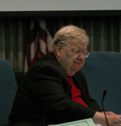 Retired Idaho District Judge Duff McKee presides at the final day of testimony in a contested case hearing on Highway 12 megaloads on Friday. (Betsy Russell)