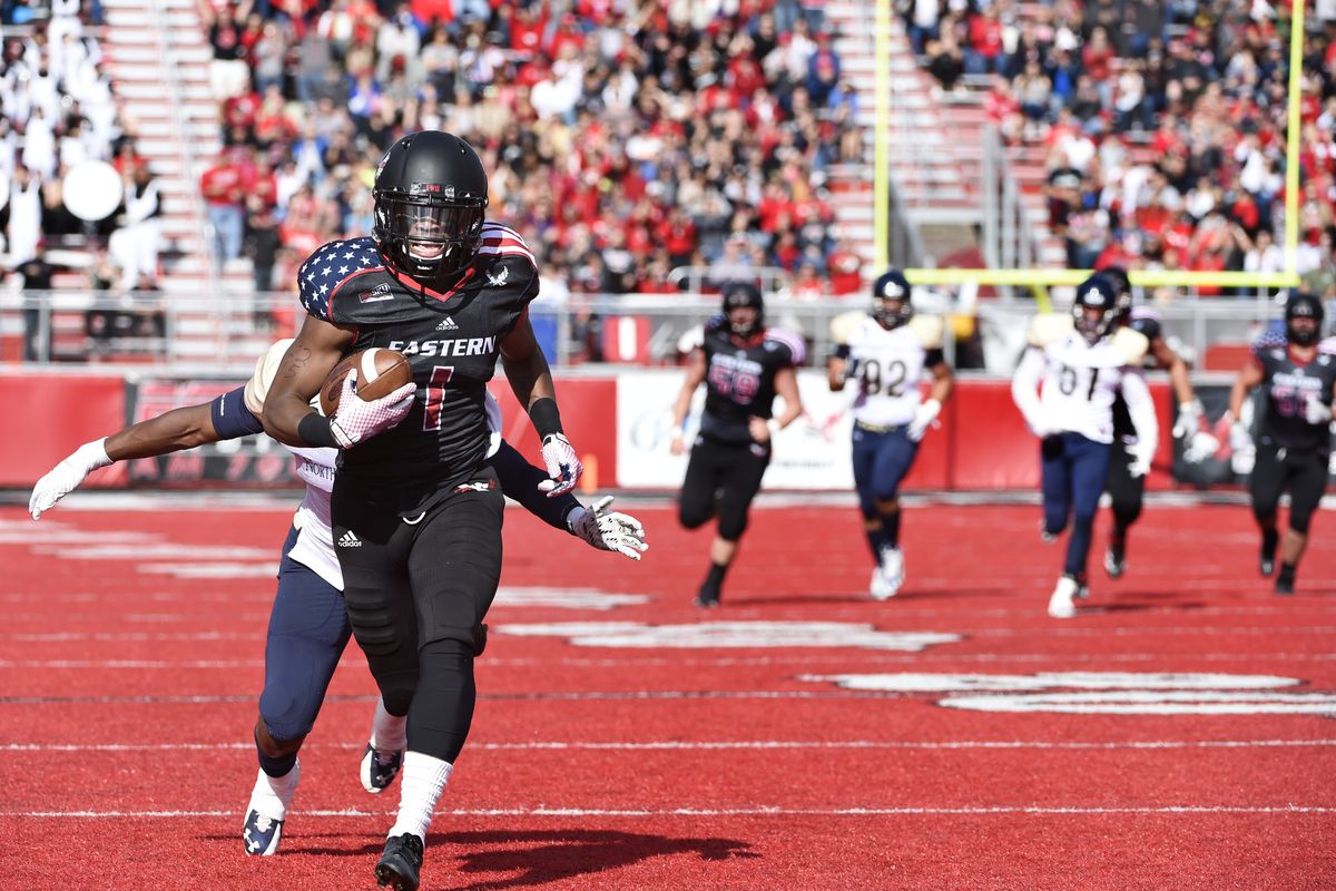 Eastern Washington WR Shaq Hill races in for a touchdown on a 40-yard reception to open the scoring in the first quarter against Northern Colorado on Saturday. (Tyler Tjomsland)
