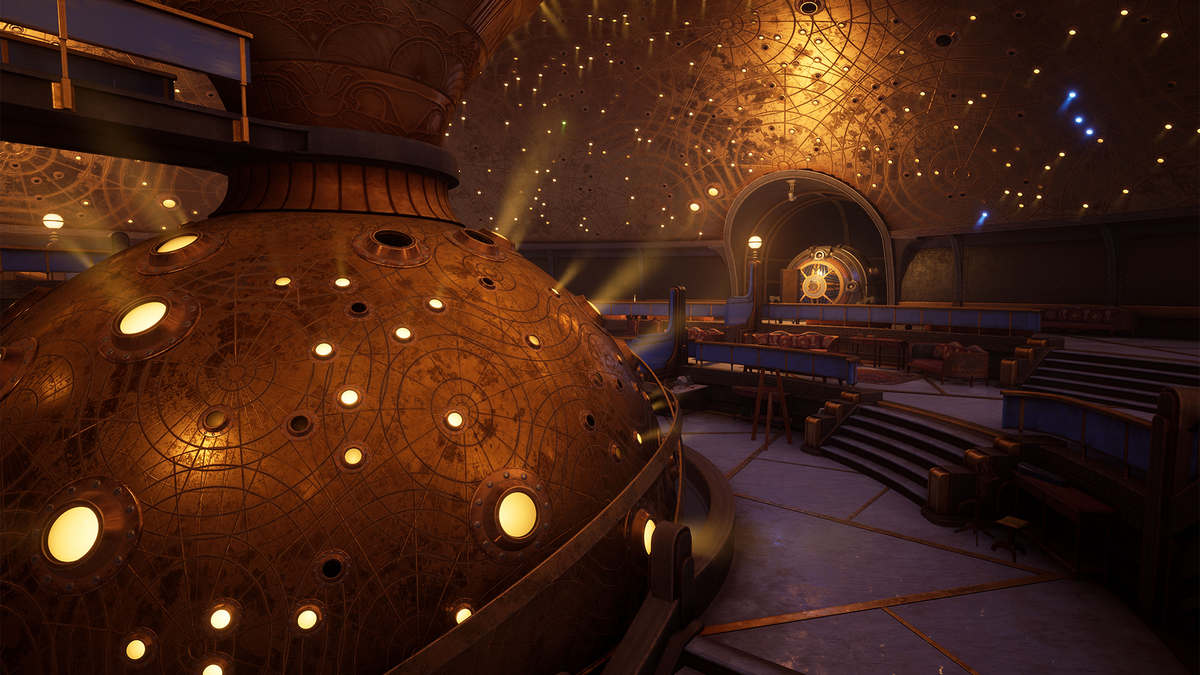 An in-game screenshot of “Firmament” shows “The Swan,” a type of hub world that shows the game’s steampunk aesthetic.  (Courtesy Cyan Worlds)
