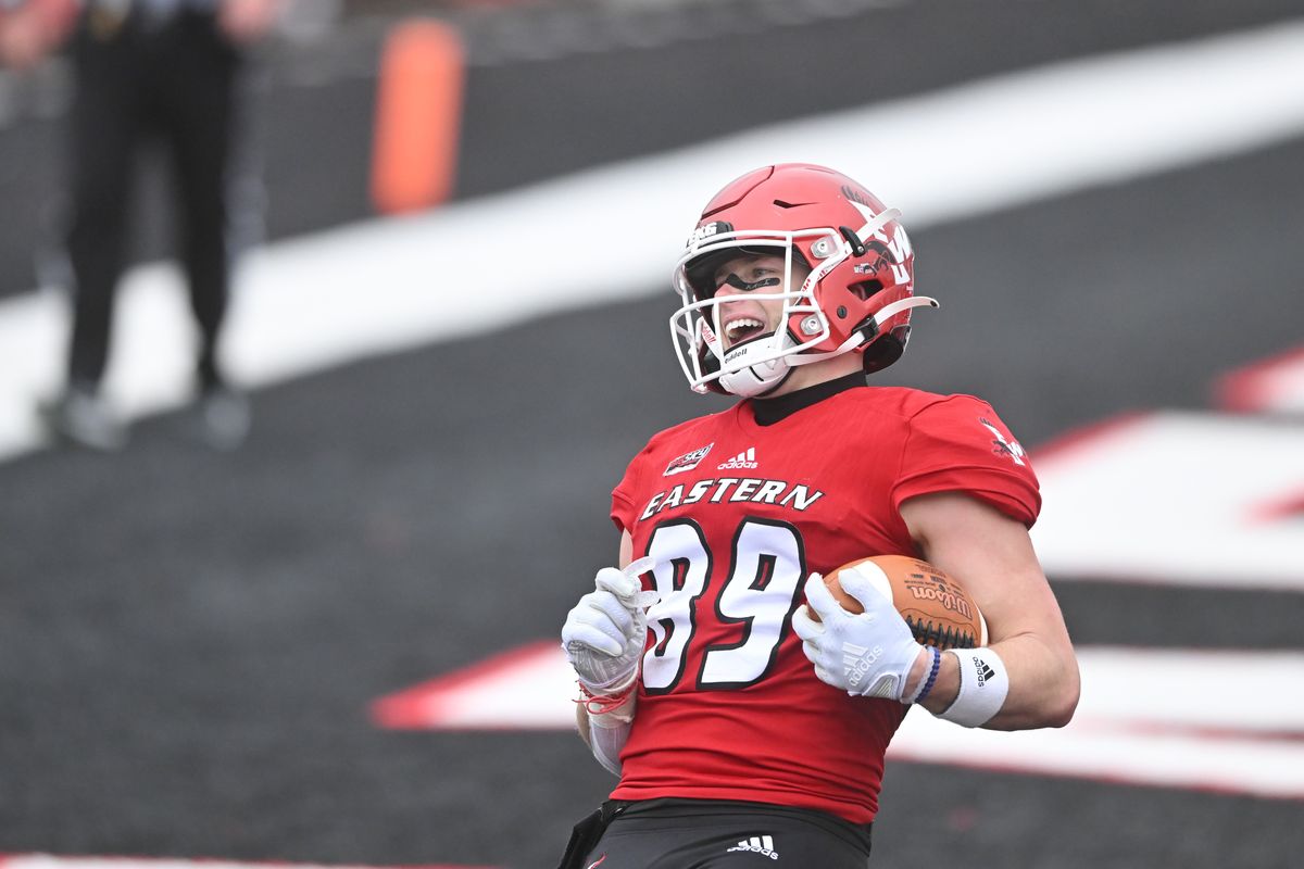 Eastern Washington Eagles wide receiver Efton Chism III (89) smiles as he runs the ball in for a touchdown during EWU’s Red-White spring game on Saturday, Apr 30, 2022, at Roos Field in Cheney, Wash.  (Tyler Tjomsland/The Spokesman-Review)