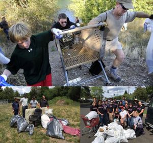 Volunteers work to clear trash from the Spokane River. (Spokane Riverkeekper)