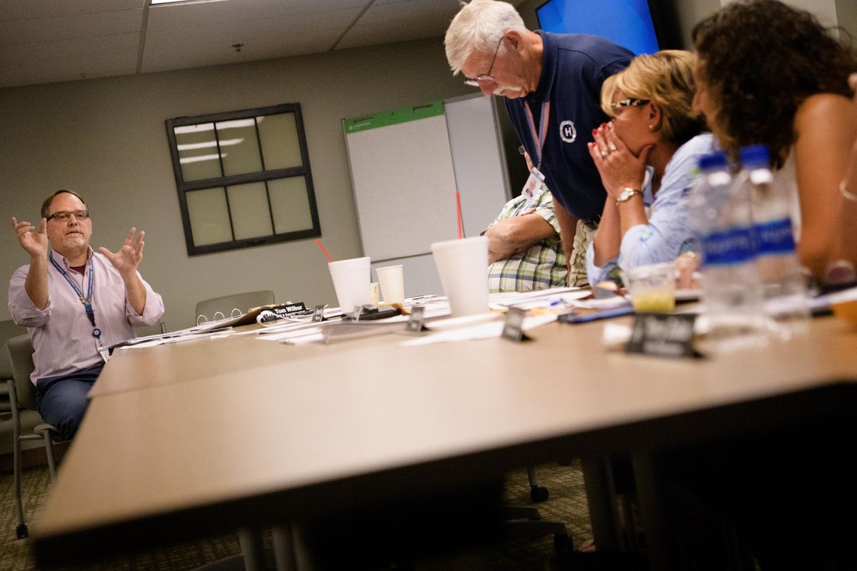 Tom Wilbur, CEO of Newport Hospital & Health, leads a meeting on Thursday, July 25, 2019, at Newport Health Center in Newport. (Tyler Tjomsland / The Spokesman-Review)