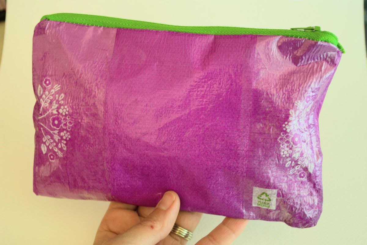 This zippered pouch is made of material created by fusing layers of thin plastic bags together. (Katie Patterson Larson/For The Spokesman-Review)