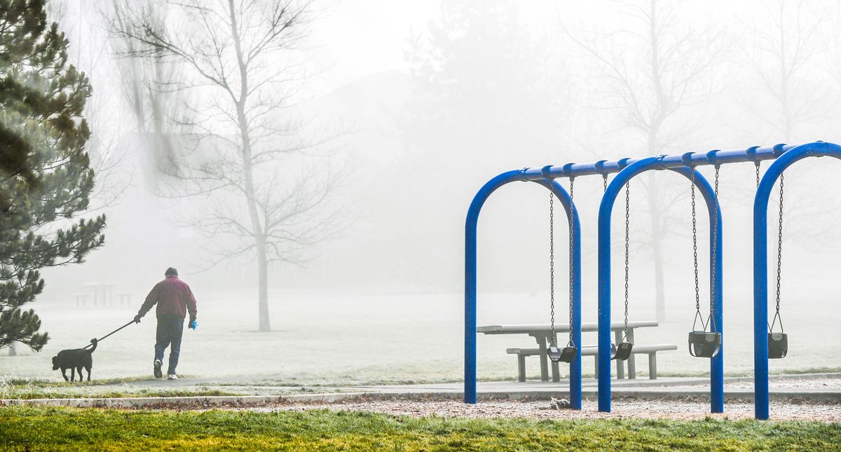 Don Patterson, 72, ventures out into a foggy Ben Burr Park with his buddy, a 3-year-old Lab mix named Buddy, on Monday in Spokane.  (DAN PELLE/THE SPOKESMAN-REVIEW)