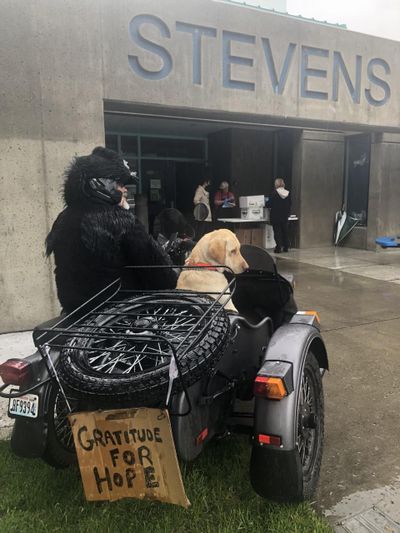 Ira Amstadter, donning a gorilla suit, and his English Labrador Bear visit a Rotarian food distribution event at Stevens Elementary School. (Courtesy)