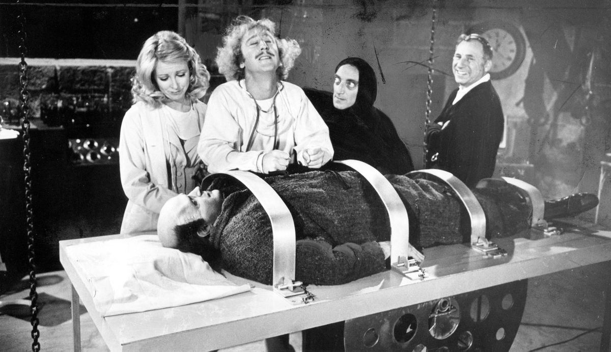 A 1974 photo from the set of Young Frankenstein. From left: Teri Garr, Gene Wilder, Marty Feldman, Mel Brooks and Peter Boyle as Young Frankenstein.  (Los Angeles Times)