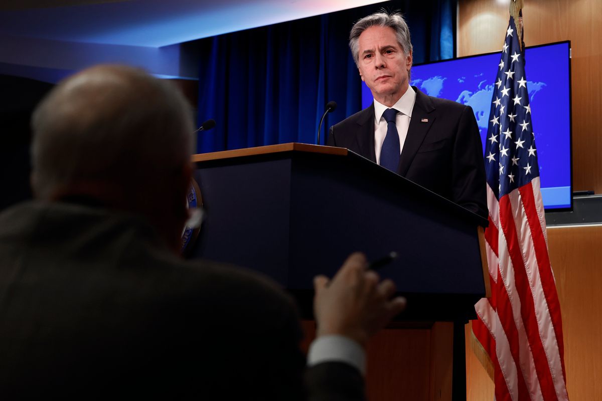 U.S. Secretary of State Antony Blinken holds a news conference at the State Department headquarters on March 13 in Washington, D.C.  (Chip Somodevilla)