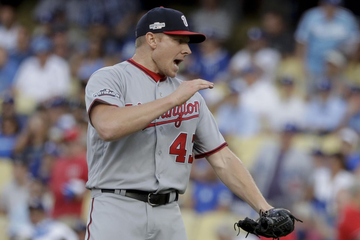 Washington Nationals relief pitcher Mark Melancon celebrates after their 8-3 win against the Los Angeles Dodgers. (Jae C. Hong / Associated Press)