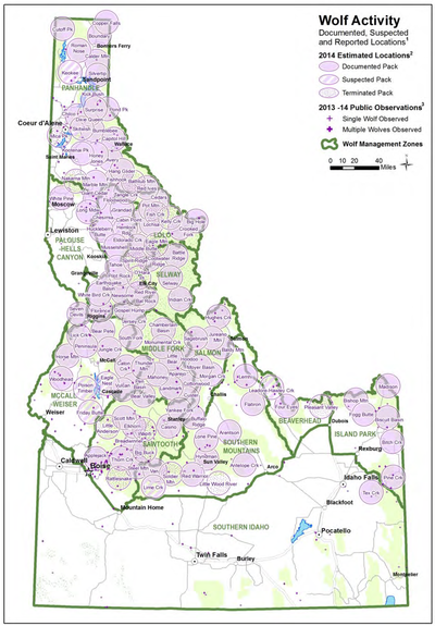 Idaho wolf packs and distribution reported at the end of 2014. (Idaho Department of Fish and Game)
