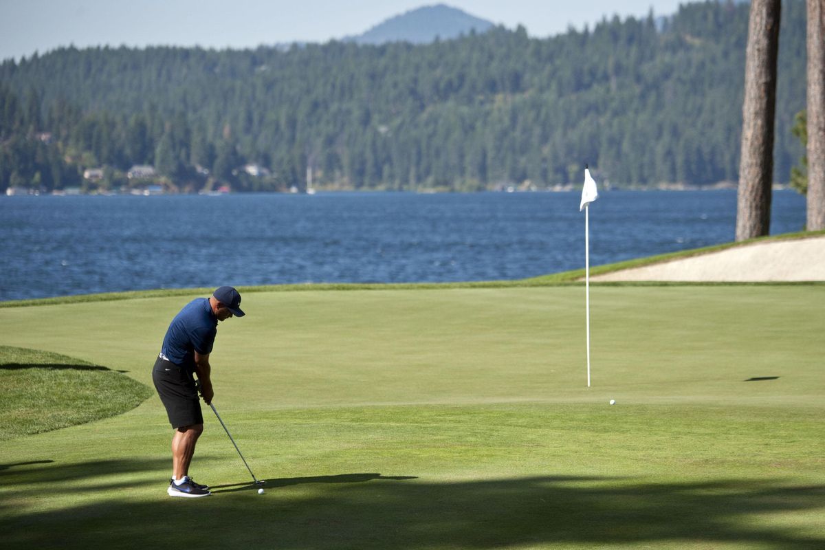 Former Major League Baseball player Shane Victorino putts on the second hole during the Showcase Celebrity Golf Exhibition at The Coeur d