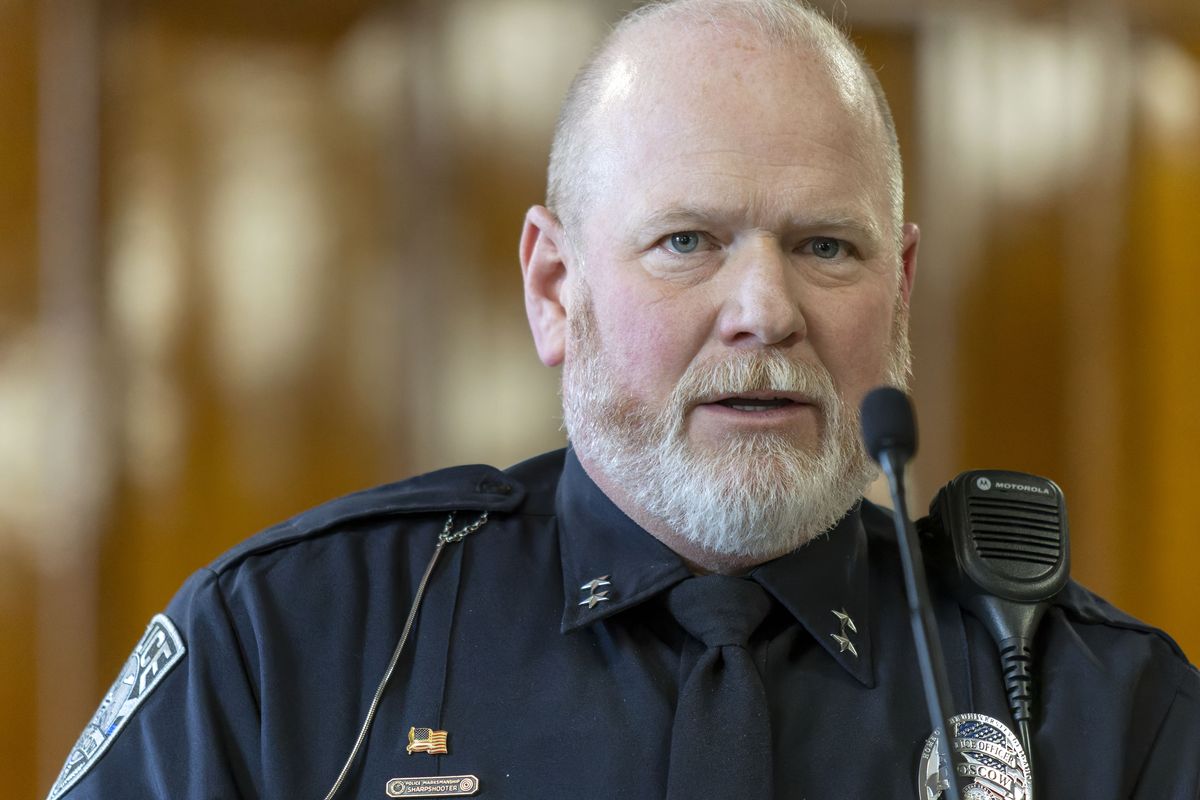 Police Chief James Fry speaks during a news conference at Moscow City Hall in 2022. Fry announced that Bryan Kohberger was arrested in Pennsylvania in connection with the Nov. 13 stabbing deaths of four University of Idaho students.  (Geoff Crimmins)