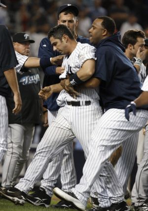 Jorge Posada was in the center of Tuesday’s scuffle.  (Associated Press / The Spokesman-Review)