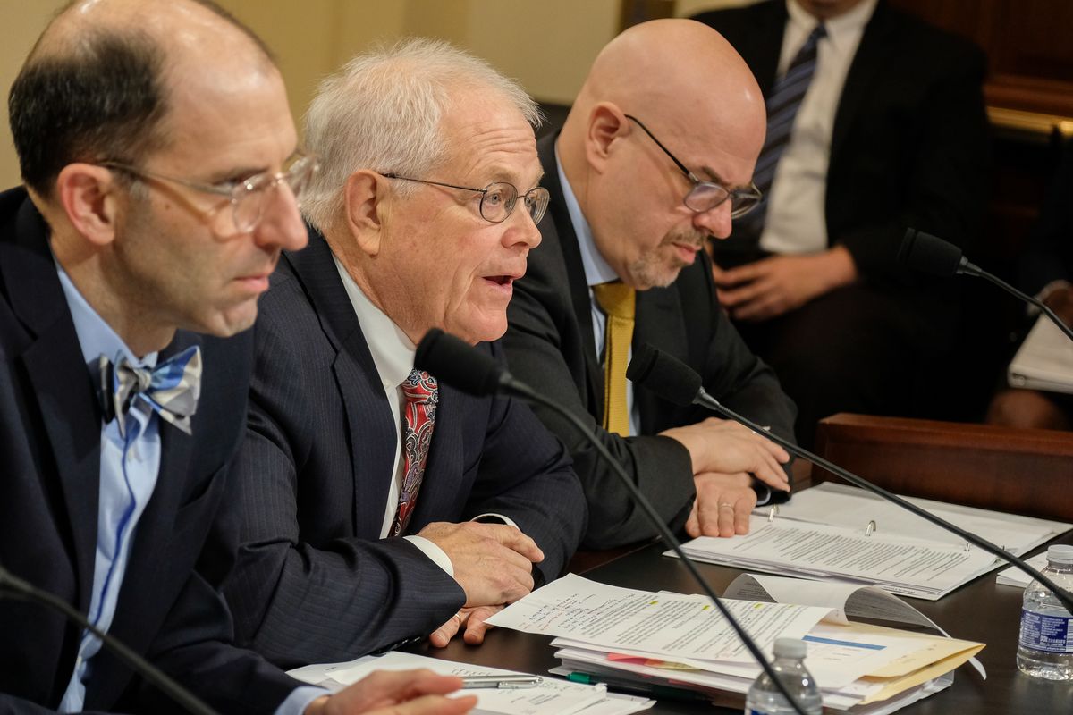 David Case, center, deputy inspector general at the Department of Veterans Affairs, testifies during a hearing of the House Veterans Affairs Subcommittee on Technology Modernization at the U.S. Capitol on Feb. 15, 2024.  (Orion Donovan Smith/The Spokesman-Review)