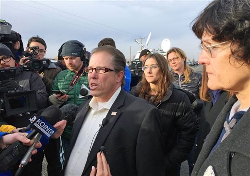 From left, Nevada Assemblyman John Moore, Idaho Rep. Heather Scott and Idaho Rep. Judy Boyle speak to reporters outside the Malheur Wildlife Refuge during the standoff near Burns, Ore., Thursday, Feb. 11, 2016. The end of a nearly six-week-long standoff at an Oregon wildlife refuge played out live on the internet, with tens of thousands of people listening as supporters encouraged the last armed occupiers to surrender. The holdouts surrendered Thursday, having refused to leave the refuge after the group's leaders were arrested last month. (AP / Rebecca Boone)