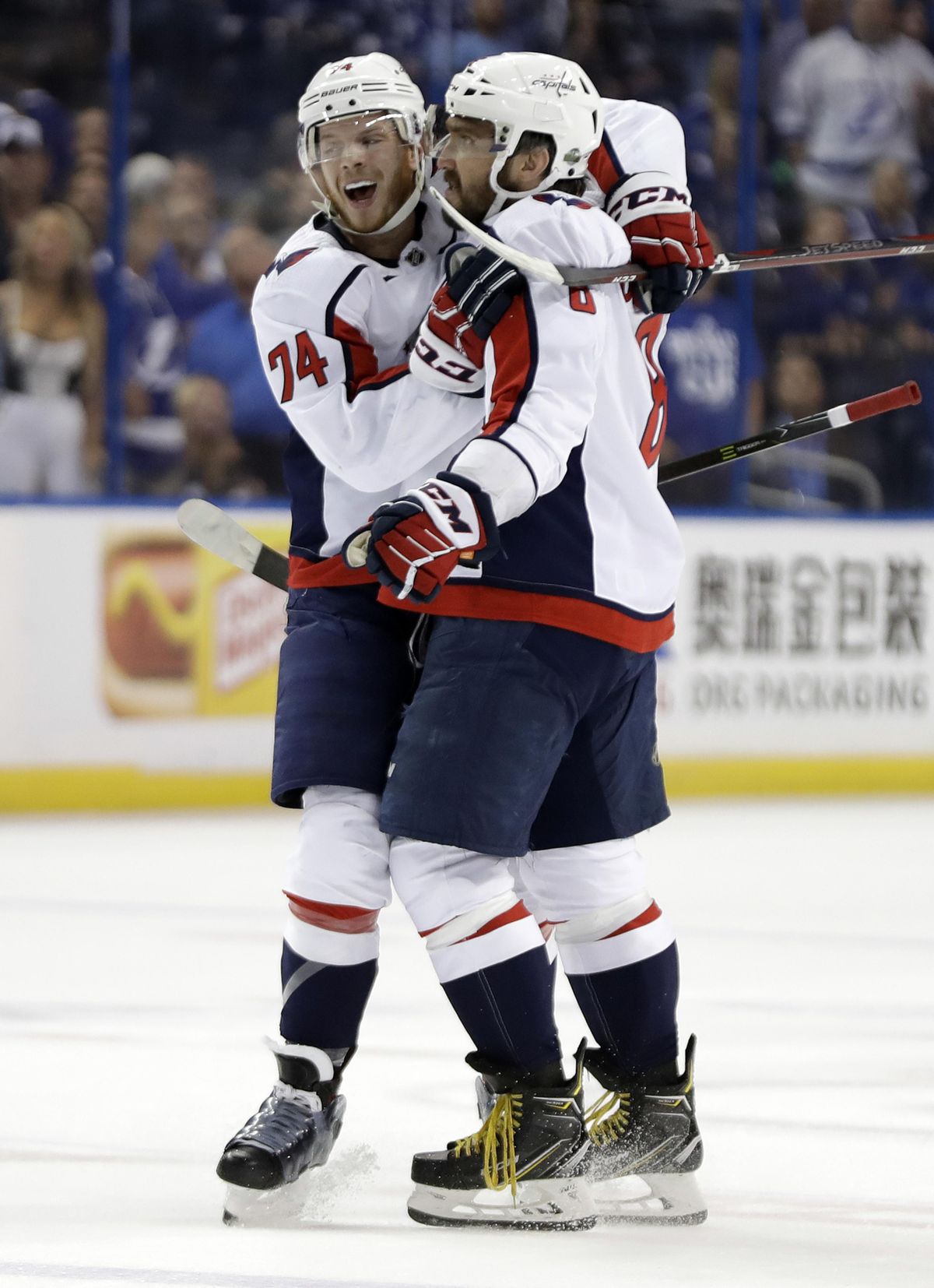 Washington Capitals left wing Alex Ovechkin (8) celebrates his goal against the Tampa Bay Lightning with defenseman John Carlson (74) during the first period of Game 1 of an NHL Eastern Conference final hockey playoff series Friday, May 11, 2018, in Tampa, Fla. (Chris O’Meara / Associated Press)