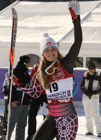 Lindsey Vonn salutes the crowd after winning the Super-G Sunday.  (Associated Press / The Spokesman-Review)