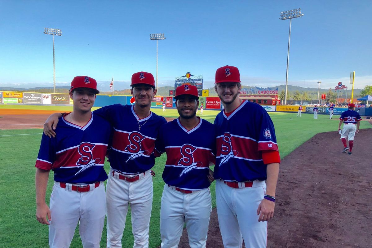 Members of the Spokane Indians model their replica Spokane Chiefs jerseys before the game against the Hillsboro Hops on Saturday, Aug. 24, 2019 at Avista Stadium (Dave Nichols / The Spokesman-Review)