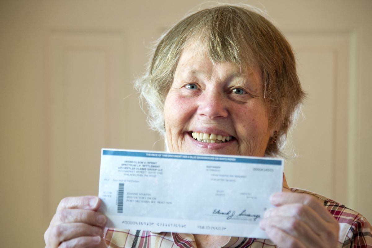 Joanne Martin, of Medical Lake, recently received her portion of a legal settlement from a lawsuit against Sprint. The check was for 10 cents. (Jesse Tinsley)