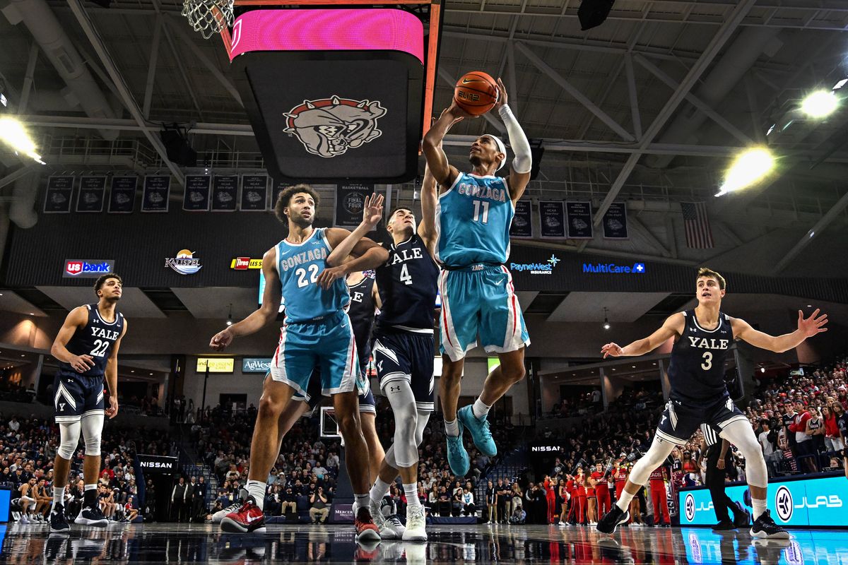 Gonzaga guard Nolan Hickman shoots from close range during Friday’s win over Yale at the McCarthey Athletic Center.  (By Colin Mulvany/The Spokesman-Review)