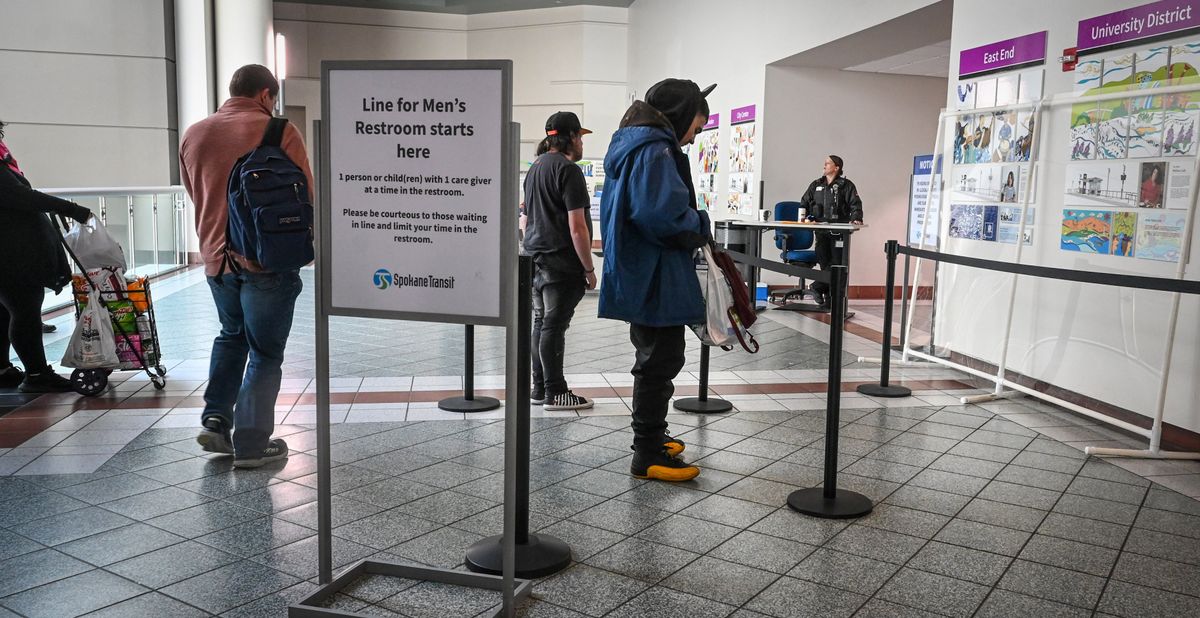 The second floor restrooms at the STA Plaza are now open for use of one person at a time.  (DAN PELLE/THE SPOKESMAN-REVIEW)