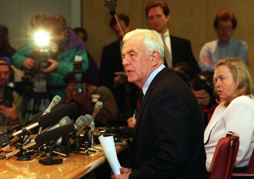 Congressman Tom Foley, and wife Heather (far right) answer questions from reporters in the late evening on election night Nov. 8, 1994 in Spokane. Foley trailed throughout the night and lost the election to George Nethercutt, ending a 30-year political career. (Anne Williams / The Spokesman-Review)