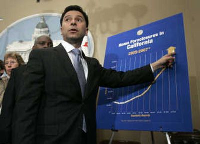 
California Assembly Speaker Fabian Nunez discusses the rise in home foreclosures  during a news conference Nov. 29. California is among more than a dozen states with mortgage fund investments. Associated Press
 (Associated Press / The Spokesman-Review)