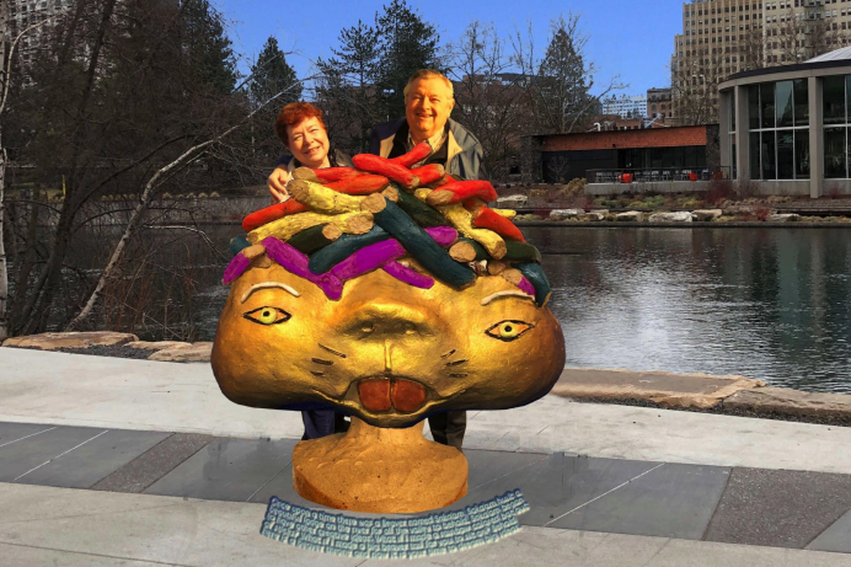 An artist’s rendering of “The Beaver,” a statue of a beaver’s head with a hat made of rainbow colors resembling the animal’s lodge. The Spokane Joint Arts Committee recommended the piece for inclusion in Riverfront Park, citing its folk art appearance, colors and interactivity. (Saya Moriyasu)