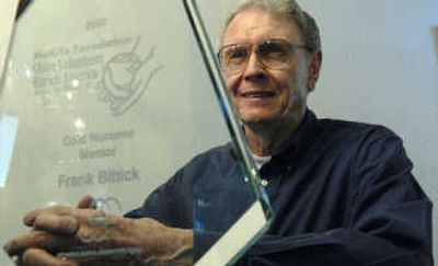 
Frank Bittick, 80, of Coeur d'Alene, talks about the 2008 MetLife Foundation Older Volunteers Enrich America Award he won for  an after-school tutoring program he started eight years ago for Lake City High School students.
 (Kathy Plonka / The Spokesman-Review)