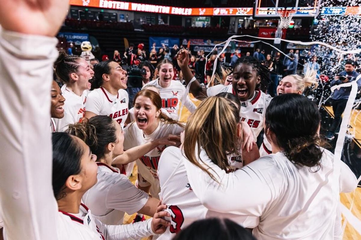 Eastern Washington women’s basketball celebrates after defeating Northern Arizona in the Big Sky Conference Tournament championship on Wednesday in Boise.  (Courtesy of EWU Athletics)