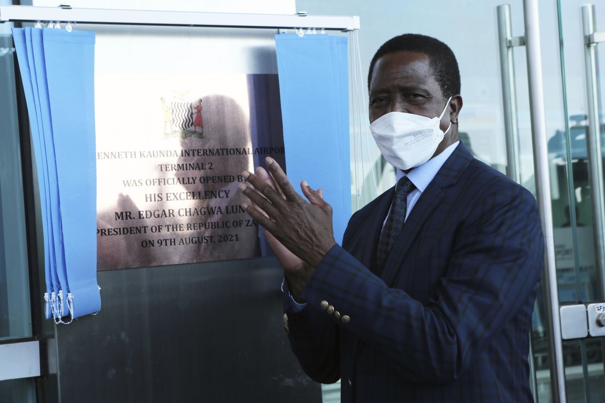 Zambian President Edgar Lungu is seen after officially opening a terminal at the Kenneth Kaunda International airport in Lusaka, Zambia, Monday, Aug, 9, 2021. Zambia