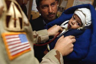 
Hakin Gul holds his son Qudratullah, 14 months old, as U.S. Capt. Michael Roscoe, a physician assistant with the 113th Base Support Battalion, gives the boy a checkup Wednesday at Camp Phoenix in Kabul.
 (Associated Press / The Spokesman-Review)