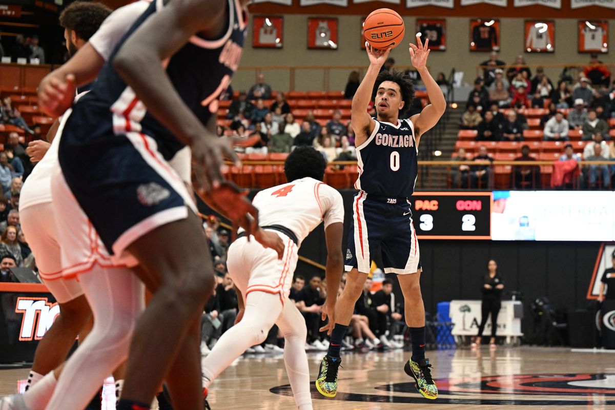 Gonzaga Bulldogs guard Ryan Nembhard (0) shoots against the Pacific Tigers during the first half of a college basketball game on Saturday, Jan. 27, 2024, at the Alex G. Spanos Center in Stockton, Calif.  (Tyler Tjomsland/The Spokesman-Review)