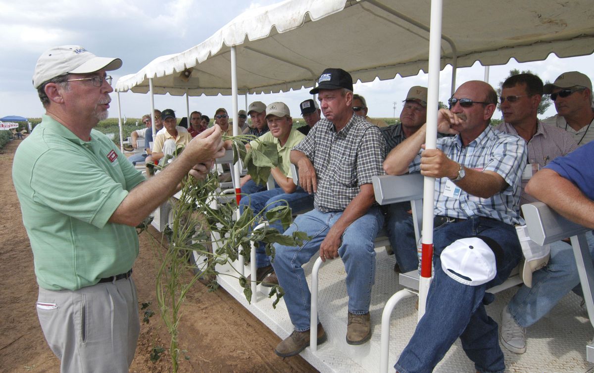 Rick Chamblee, sales representative for BASF, explains soybean growth to farmers visiting the farm of Kip Cullers in Stark City, Mo., on Wednesday. Cullers is the World Champion Soybean grower.Associated Press photos (Associated Press photos / The Spokesman-Review)
