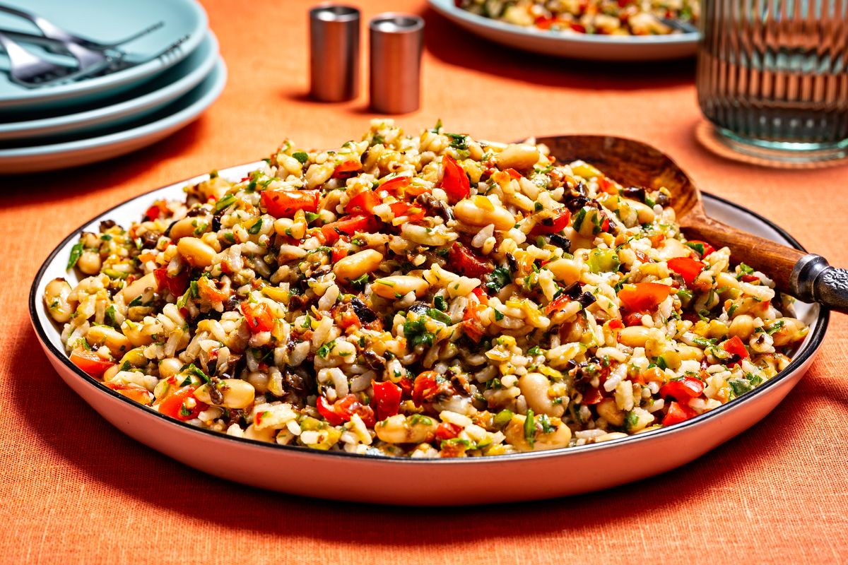 Rice Salad with Beans and Greens can be whipped up in a snap with a handy food processor. (Scott Suchman; food styling by Lisa Cherkasky/For The Washington Post)