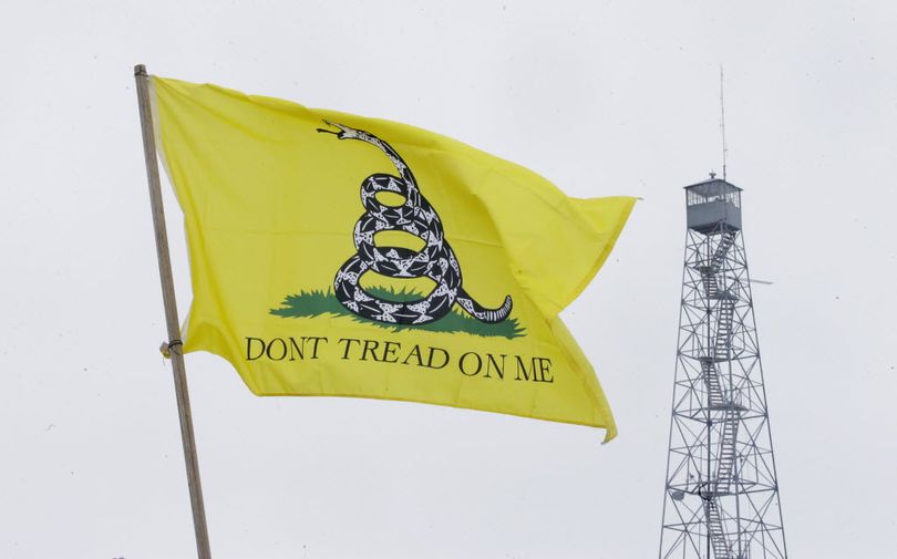 A Dont Tread On Me flag flies at the entrance of the Malheur National Wildlife Refuge Sunday, Jan. 10, 2016, near Burns, Ore. A small, armed group has been occupying the remote national wildlife refuge in Oregon for a week to protest federal land use policies. (AP Photo/Rick Bowmer)
