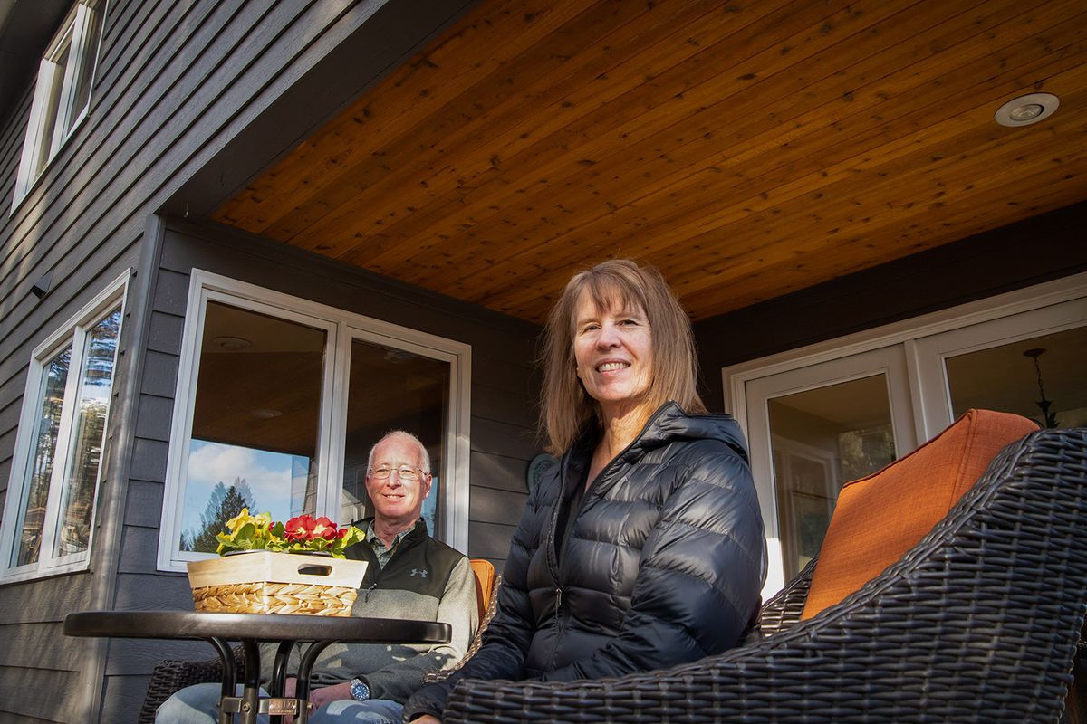 Bill and Jo Wagstaff, photographed at their north Spokane home Feb. 25, gave their front and back porch ceilings a fresh look in November. “It just brightened up the area,” Jo Wagstaff said of their pandemic project.  (Libby Kamrowski/The Spokesman-Review)
