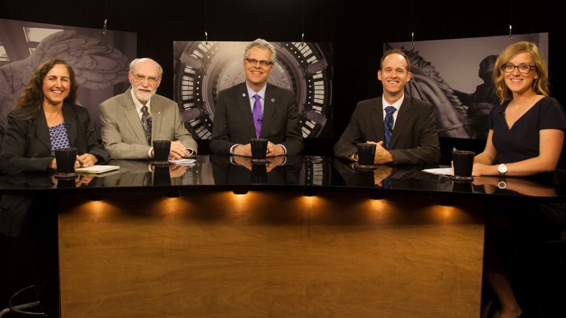 From left, Betsy Russell, Jim Weatherby, Kevin Richert, Corey Cook, and co-host Melissa Davlin on Friday's 