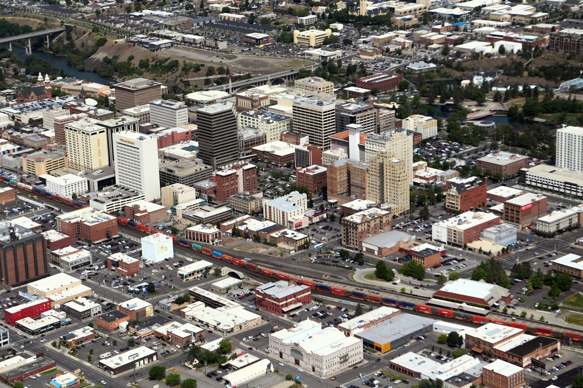 Downtown Spokane as seen in this 2018 aerial photograph. (JESSE TINSLEY/The Spokesman-Review)
