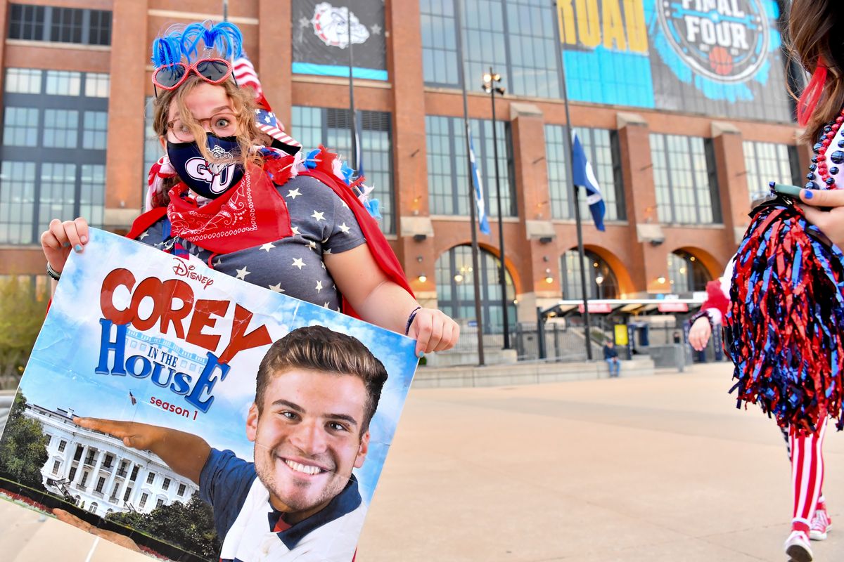 Gonzaga sophomore Grace Daly holds a sign for Corey Kispert before the 2021 NCAA Men's Basketball Championship on Monday, April 5, 2021, at Lucas Oil Stadium in Indianapolis, Ind.  (Tyler Tjomsland/The Spokesman-Review)