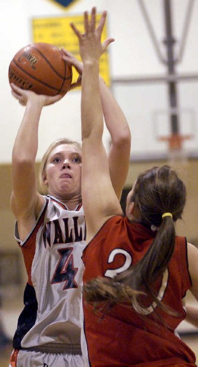 
Wallace's Krista Williams, shooting over Kootenai's Hanna Nyrop, scored a game-high 15 points. 
 (TOM DAVENPORT / The Spokesman-Review)