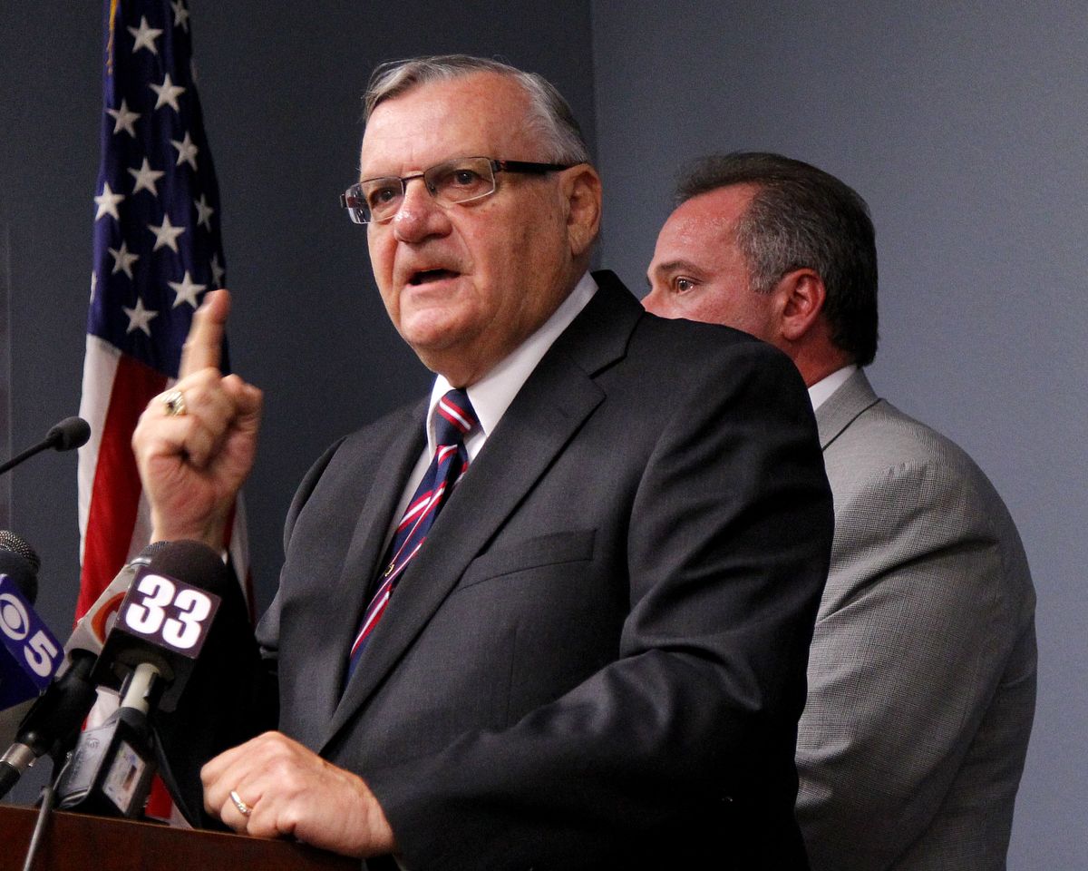 FILE -- In this July 17, 2012, file photo, Maricopa County Sheriff Joe Arpaio speaks during a press conference in Phoenix.  The tough-talking sheriff is the last man standing of the three Phoenix politicians who made Arizona a leader in the crackdown against illegal immigration. (Matt York / Associated Press)