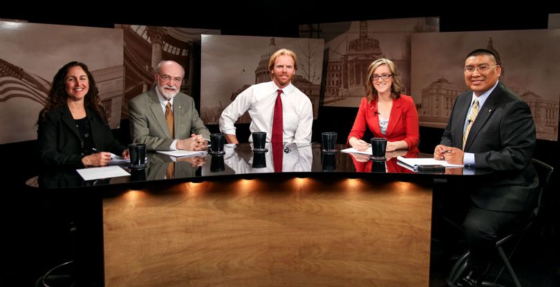 From left, Betsy Russell, Jim Weatherby, Sven Berg, and co-hosts Melissa Davlin and Aaron Kunz on Idaho Public Television's 