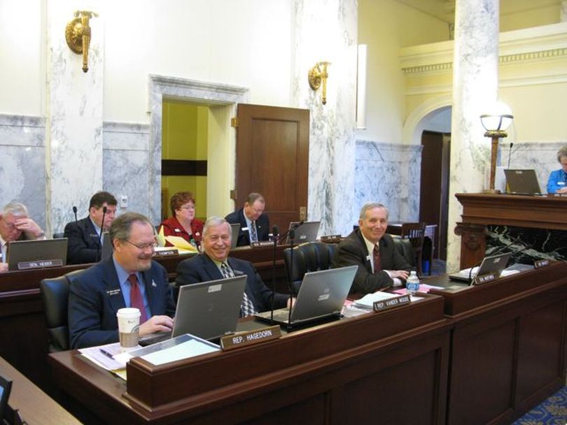 Sen. Dean Mortimer, front right, made the successful motion for higher education funding in the Joint Finance-Appropriations Committee on Friday morning; it cuts state general funds by 3.5 percent, but reflects an overall increase of 5 percent in total funds. (Betsy Russell)