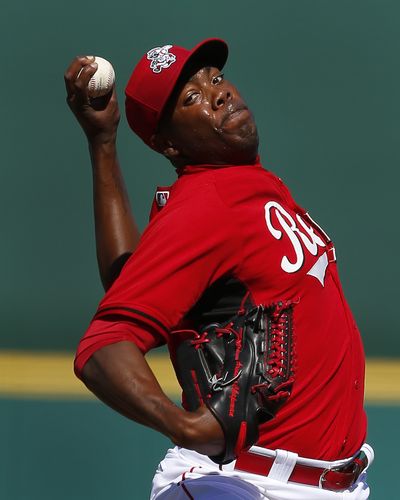 Cincinnati’s Aroldis Chapman was struck in the face with a line drive on Wednesday. (Associated Press)